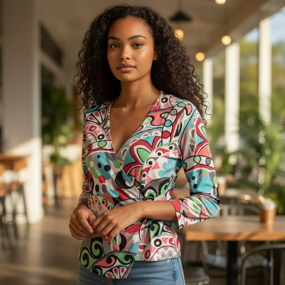 DT Studio Savvy Medium Multicolor Geometric Long Sleeve Faux Wrap Top Shirt M